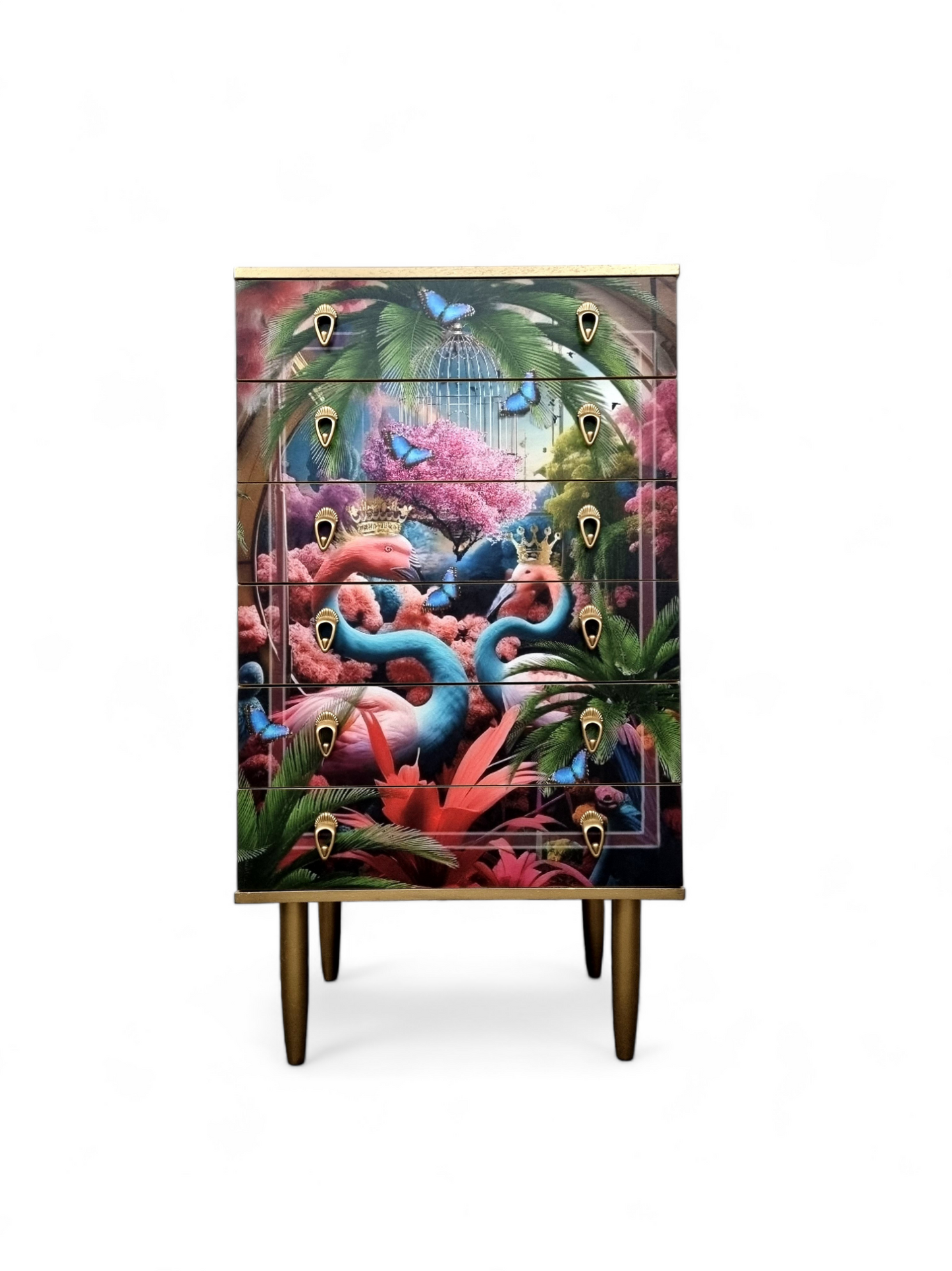 Luxury Mid Century Chest of Drawers with exclusive Paradise Lost Flamingos Decoupage