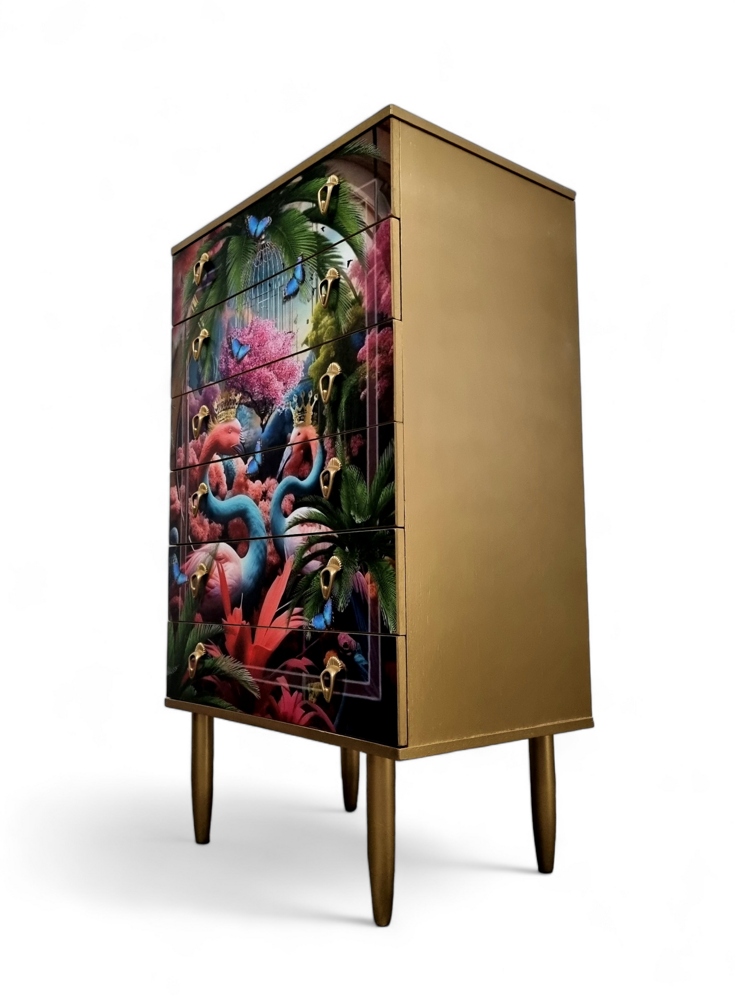 Luxury Mid Century Chest of Drawers with exclusive Paradise Lost Flamingos Decoupage