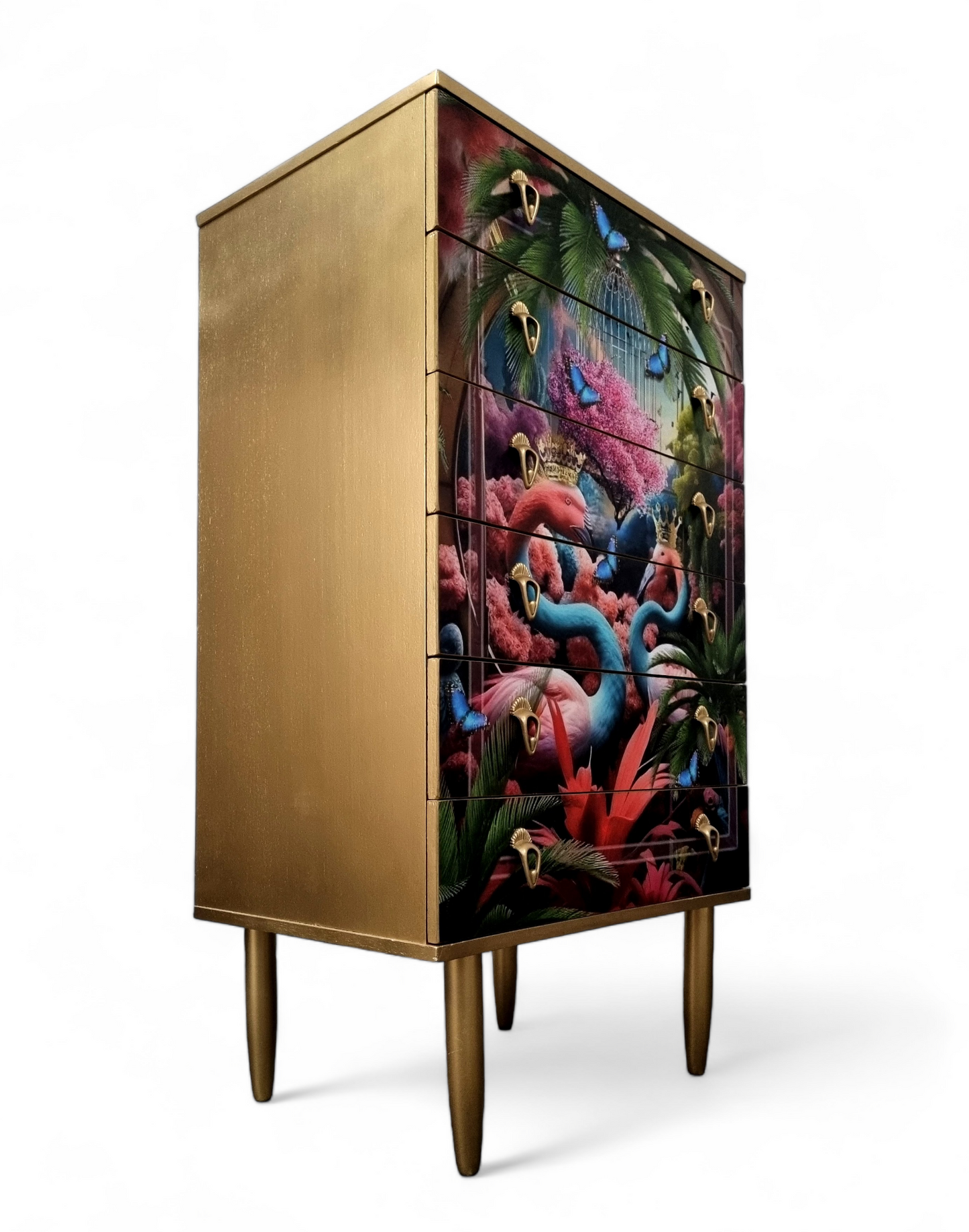 Luxury Mid Century Chest of Drawers with exclusive Paradise Lost Flamingos Decoupage