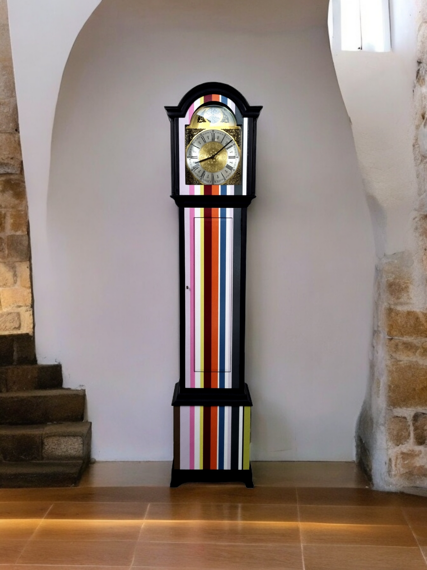 Vintage Grandfather Clock Refurbished and Decoupaged with Luxury Striped Paper