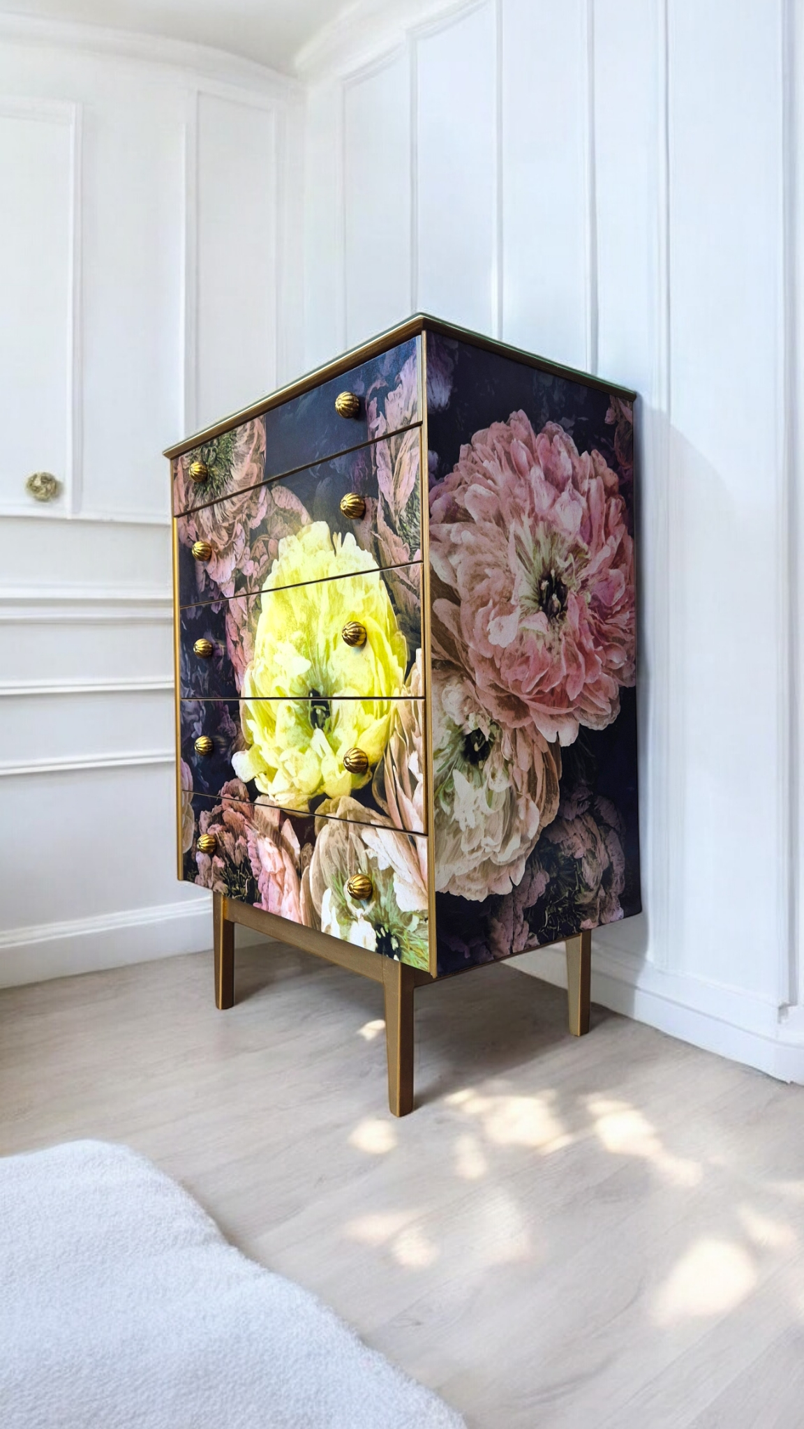 Luxury Upcycled Vintage Mid Century Chest of Drawers with Designers Guild Le Poeme De Fleurs