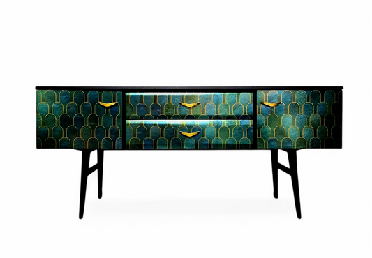 Luxury Mid Century Meredew Sideboard/ TV Unit with Metallic Green & Gold Decoupage