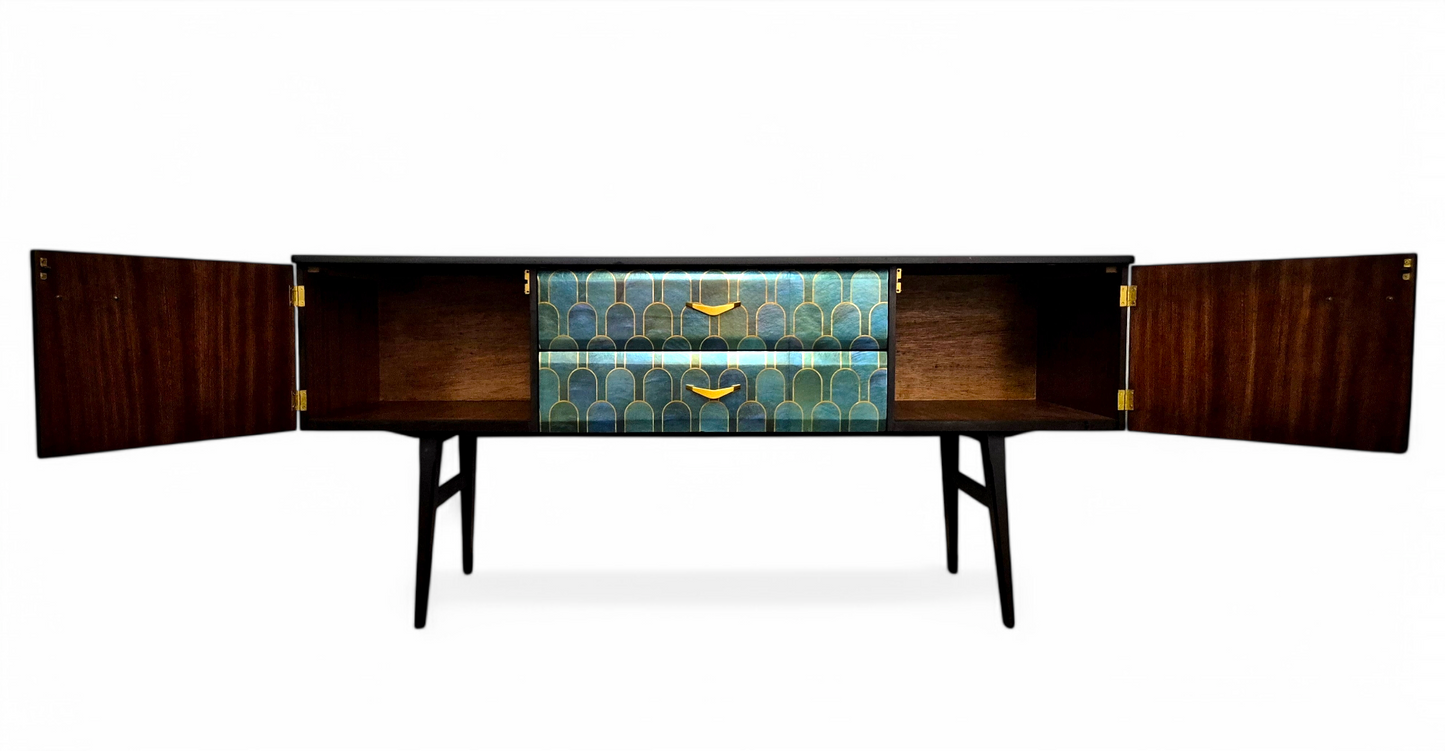 Luxury Mid Century Meredew Sideboard/ TV Unit with Metallic Green & Gold Decoupage