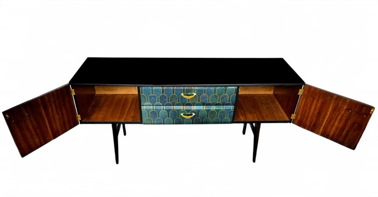 Luxury Mid Century Meredew Sideboard/ TV Unit with Metallic Green & Gold Decoupage