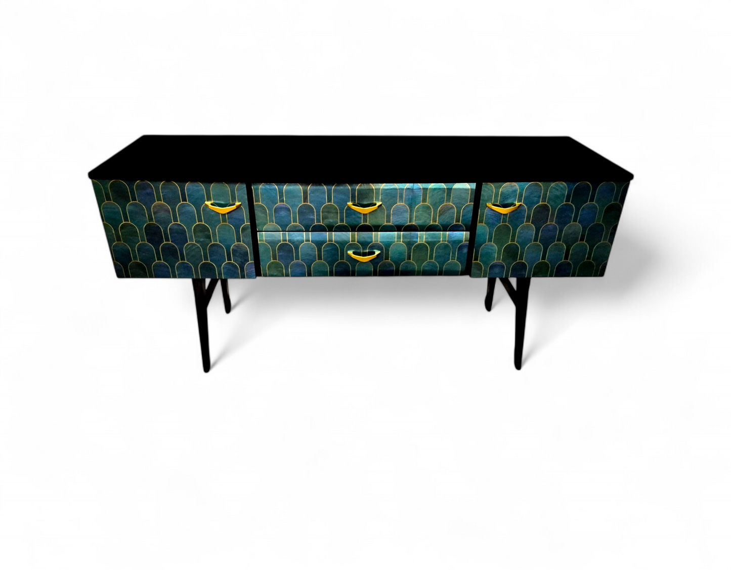 Luxury Mid Century Meredew Sideboard/ TV Unit with Metallic Green & Gold Decoupage