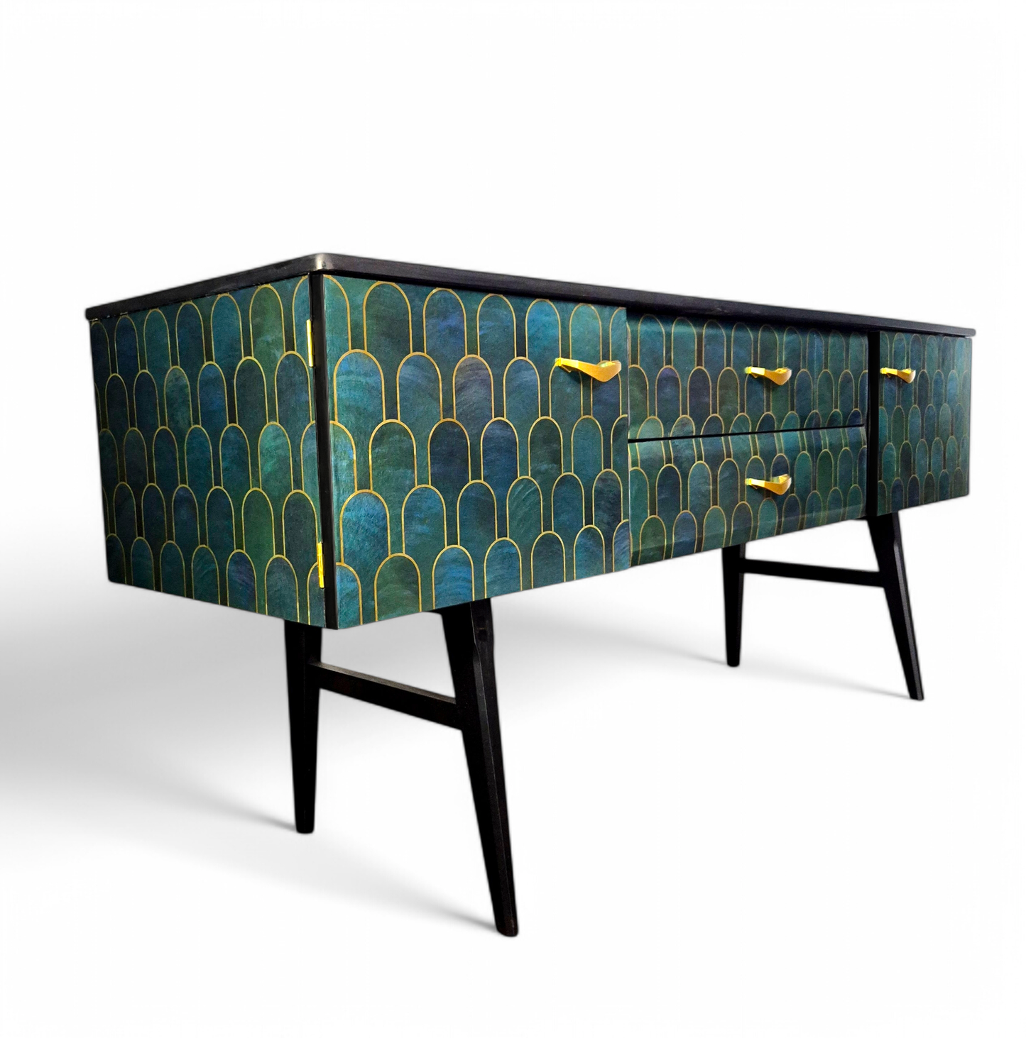 Luxury Mid Century Meredew Sideboard/ TV Unit with Metallic Green & Gold Decoupage