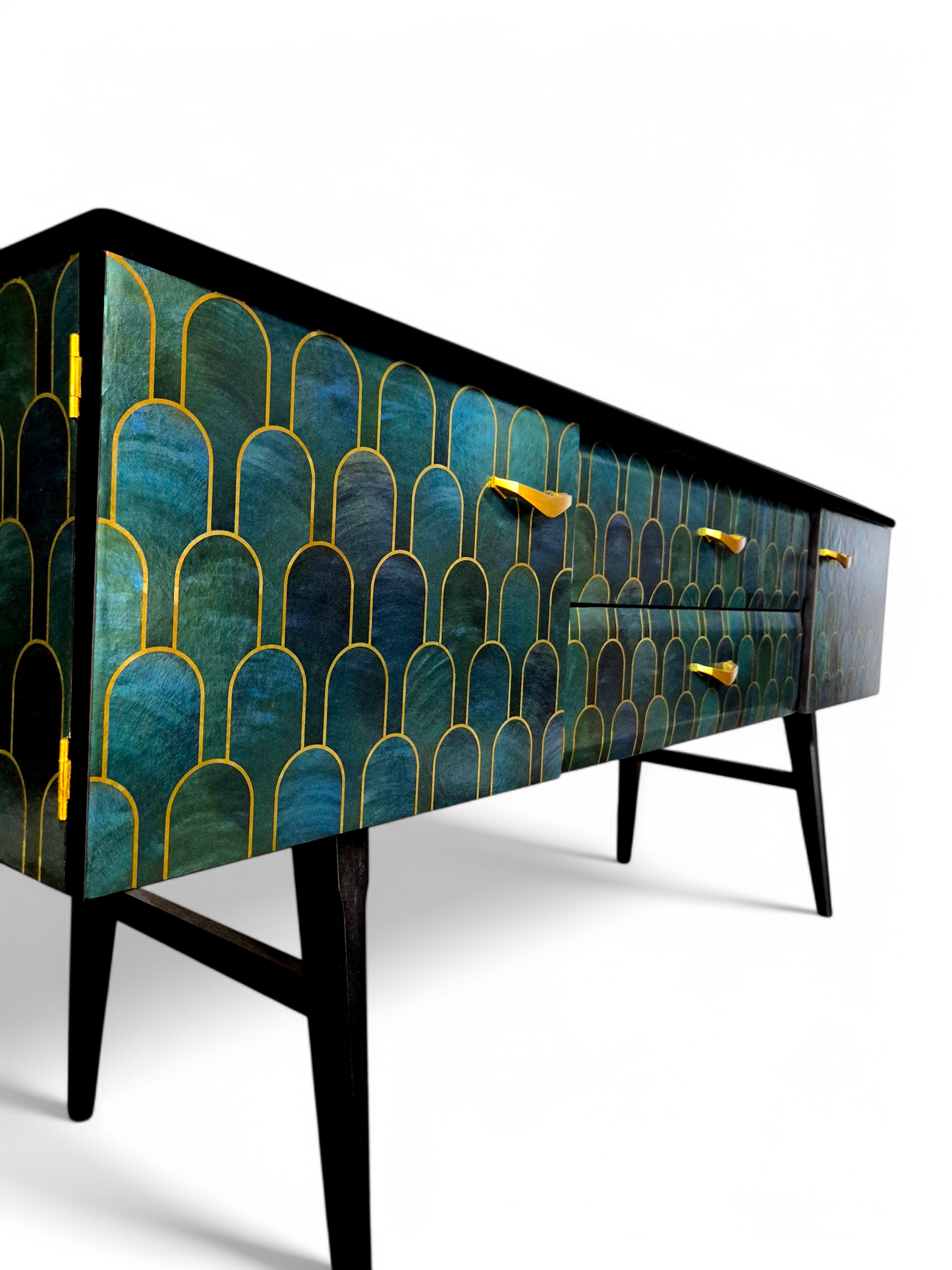 Luxury Mid Century Meredew Sideboard/ TV Unit with Metallic Green & Gold Decoupage