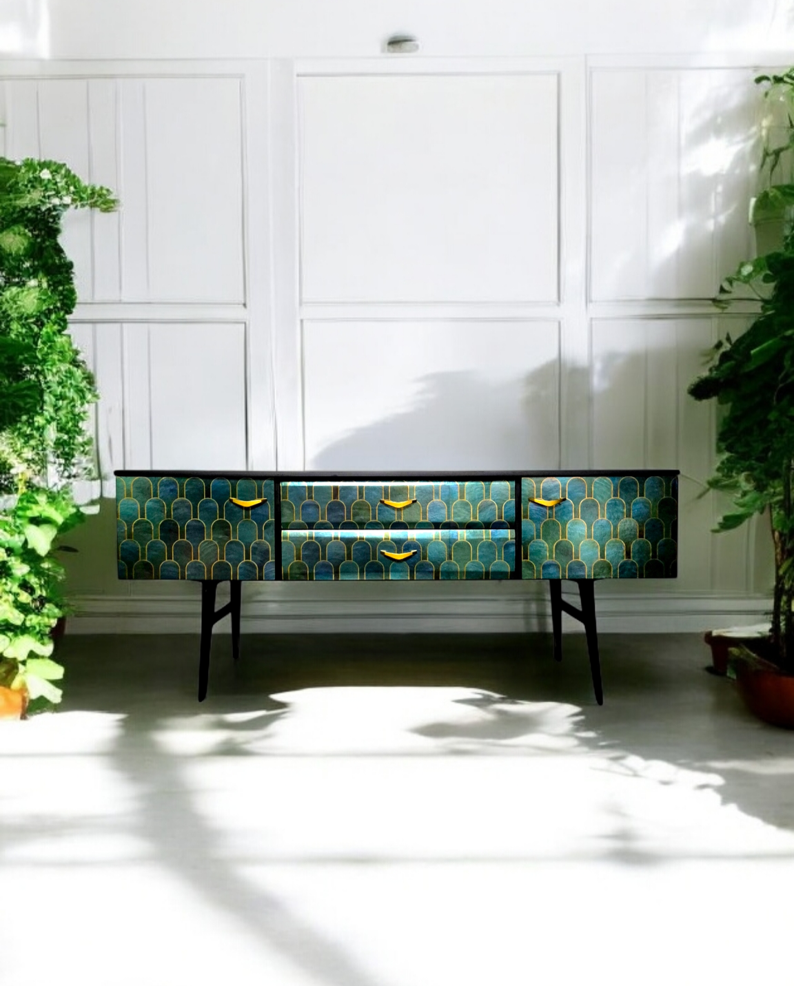 Luxury Mid Century Meredew Sideboard/ TV Unit with Metallic Green & Gold Decoupage