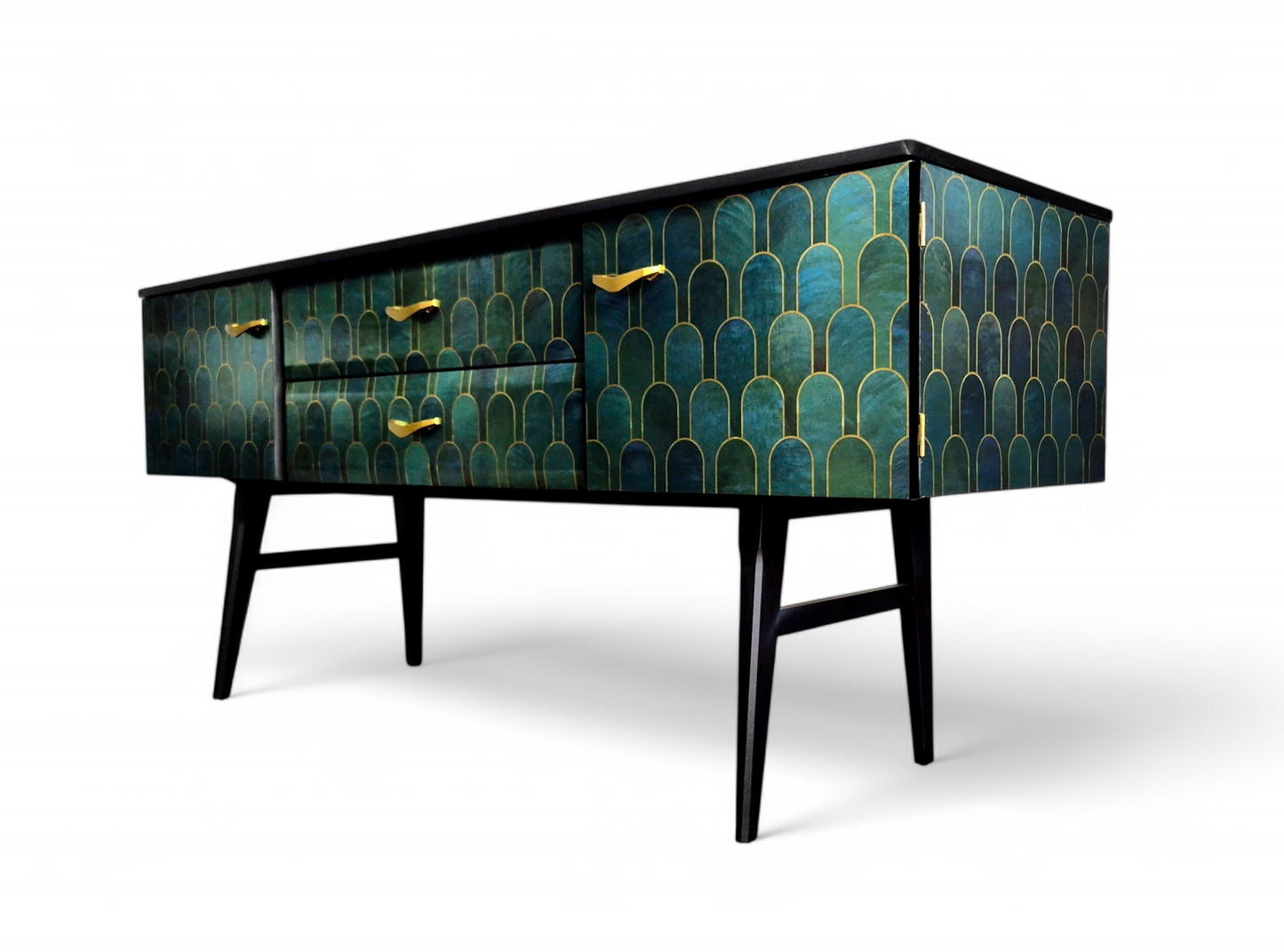 Luxury Mid Century Meredew Sideboard/ TV Unit with Metallic Green & Gold Decoupage