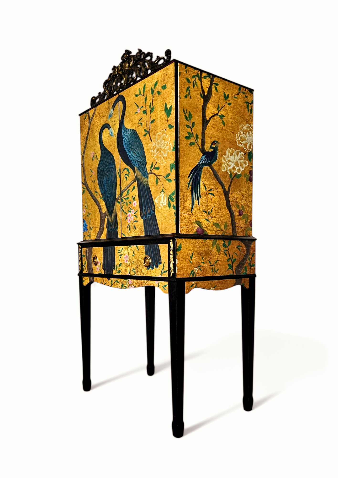 Luxury Vintage Cocktail Drinks Cabinet with Gold Chinoiserie Peacock Decoupage