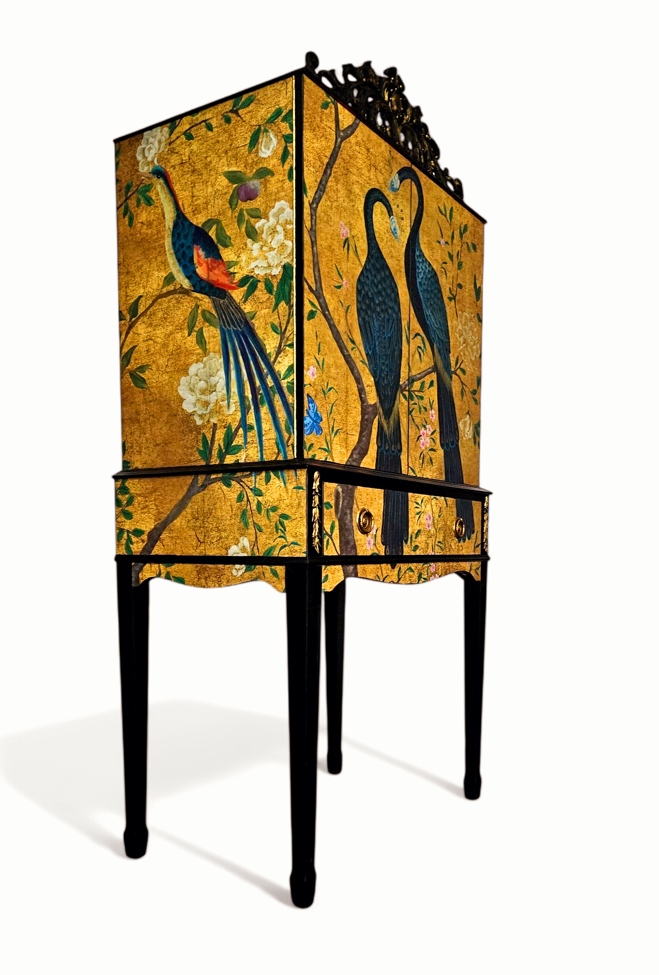 Luxury Vintage Cocktail Drinks Cabinet with Gold Chinoiserie Peacock Decoupage