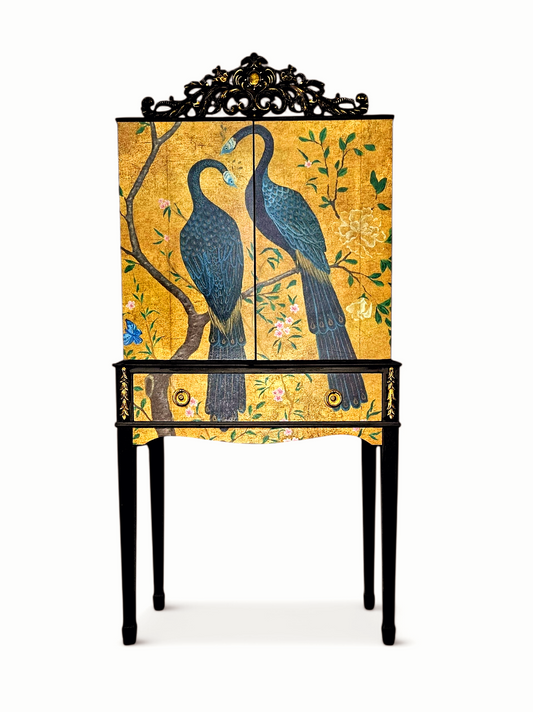 Luxury Vintage Cocktail Drinks Cabinet with Gold Chinoiserie Peacock Decoupage