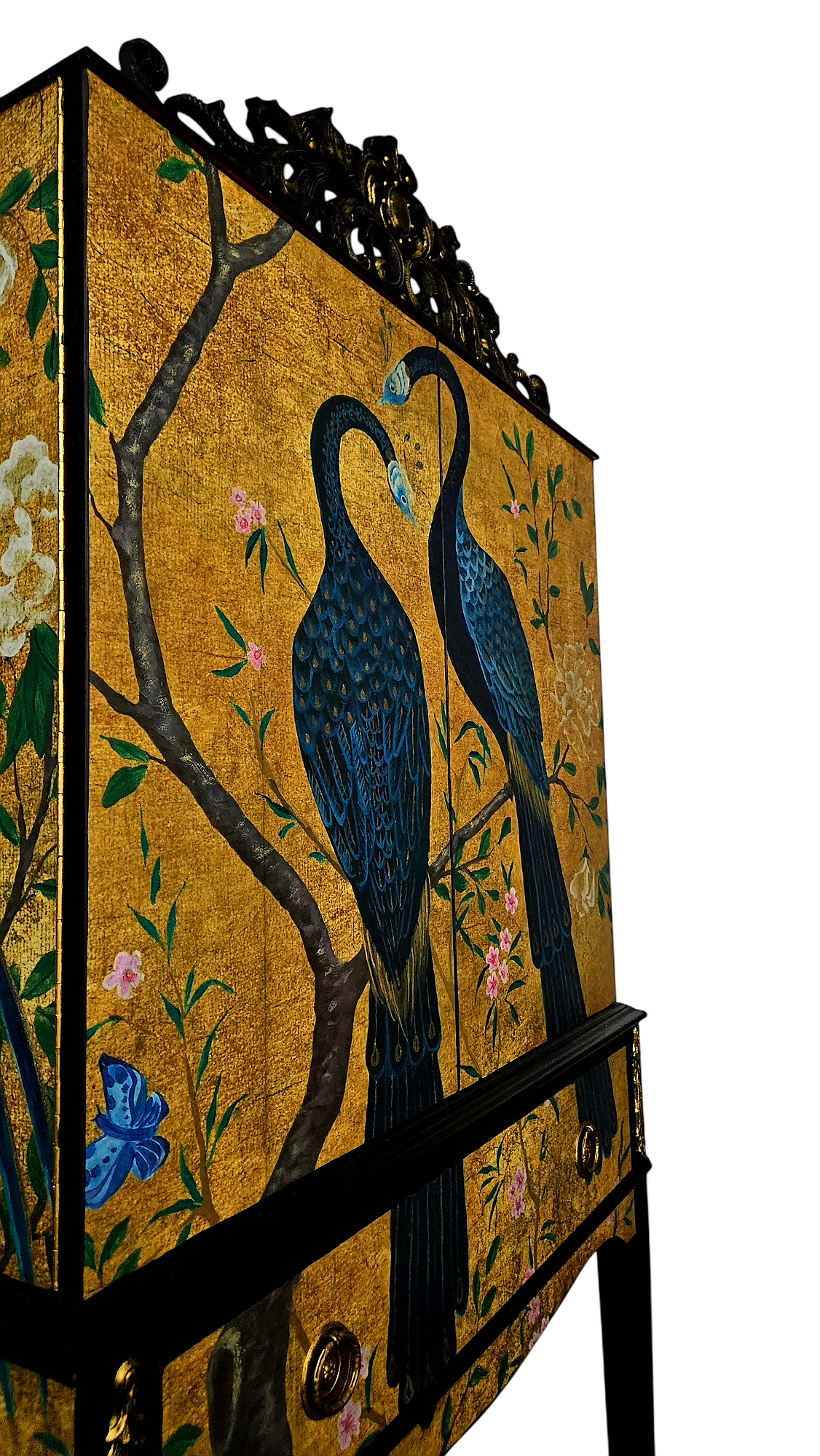 Luxury Vintage Cocktail Drinks Cabinet with Gold Chinoiserie Peacock Decoupage