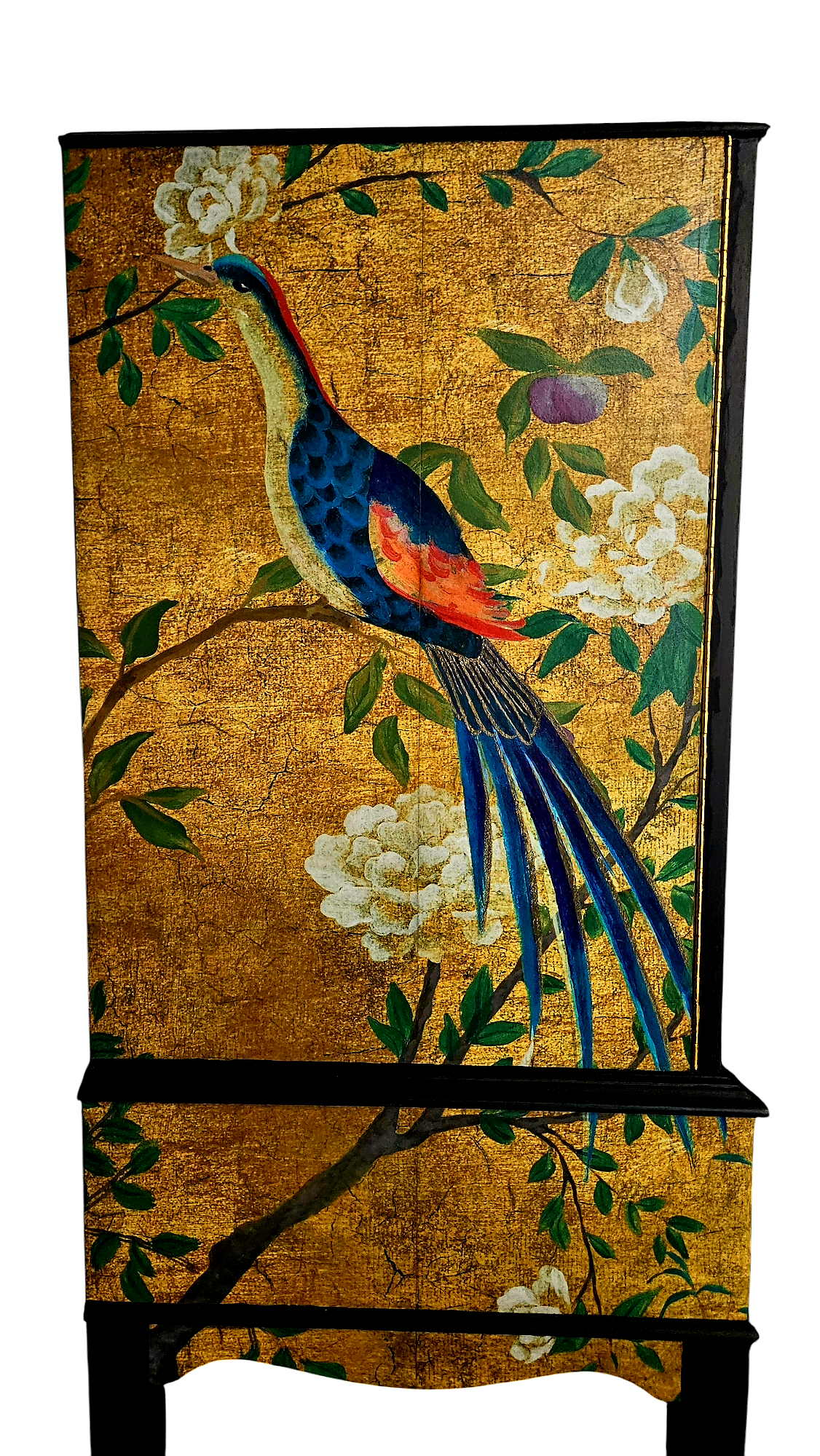 Luxury Vintage Cocktail Drinks Cabinet with Gold Chinoiserie Peacock Decoupage