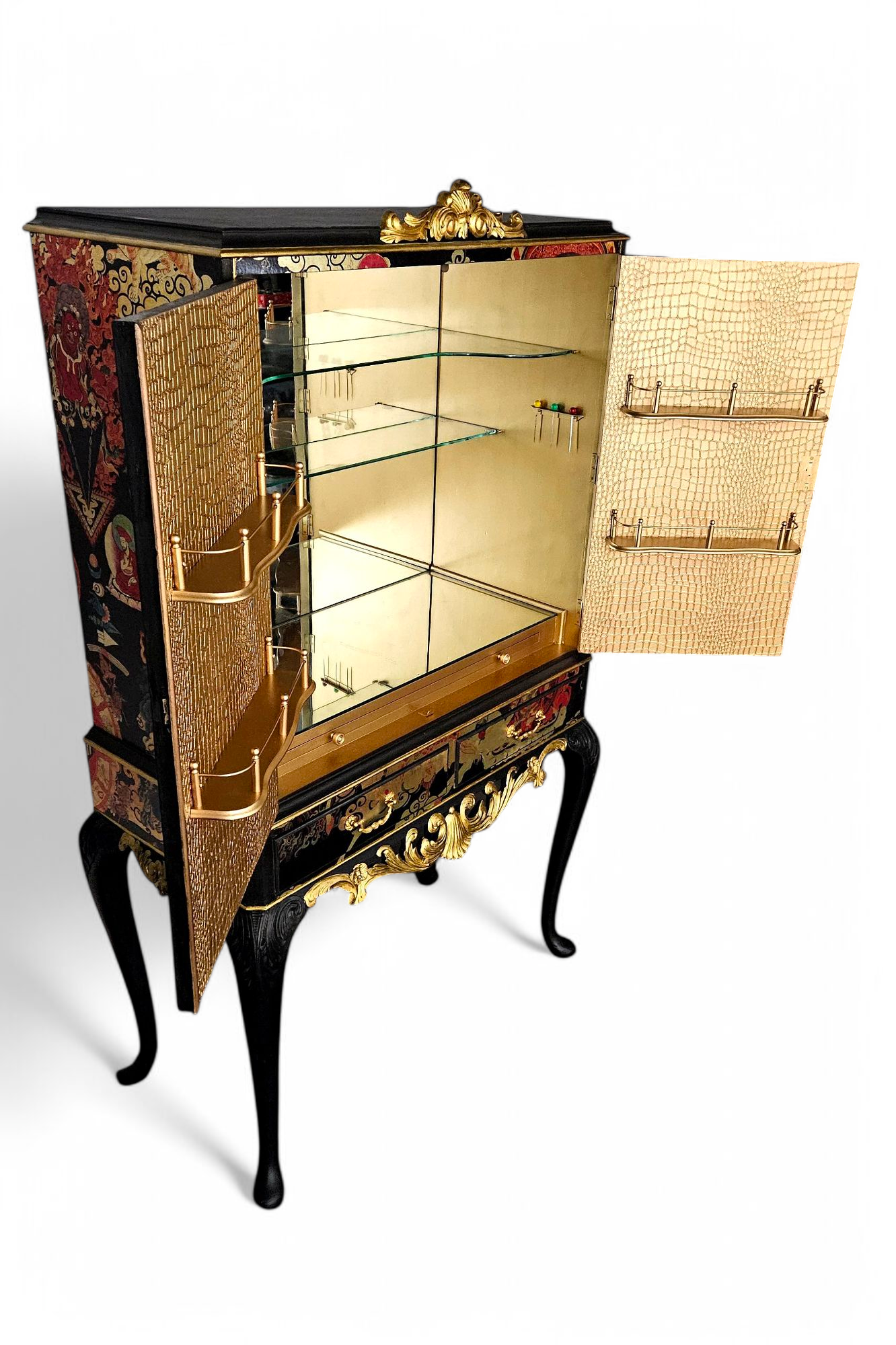 Professionally Upcycled Vintage Cocktail Cabinet with Metallic Chinoiserie Decoupage